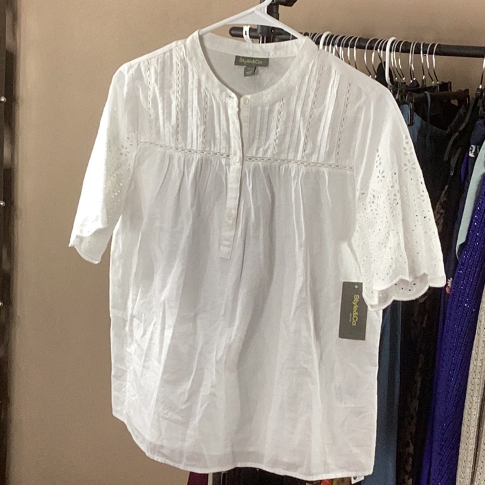 NWT Style & co. white eyelet cotton top, short sleeve